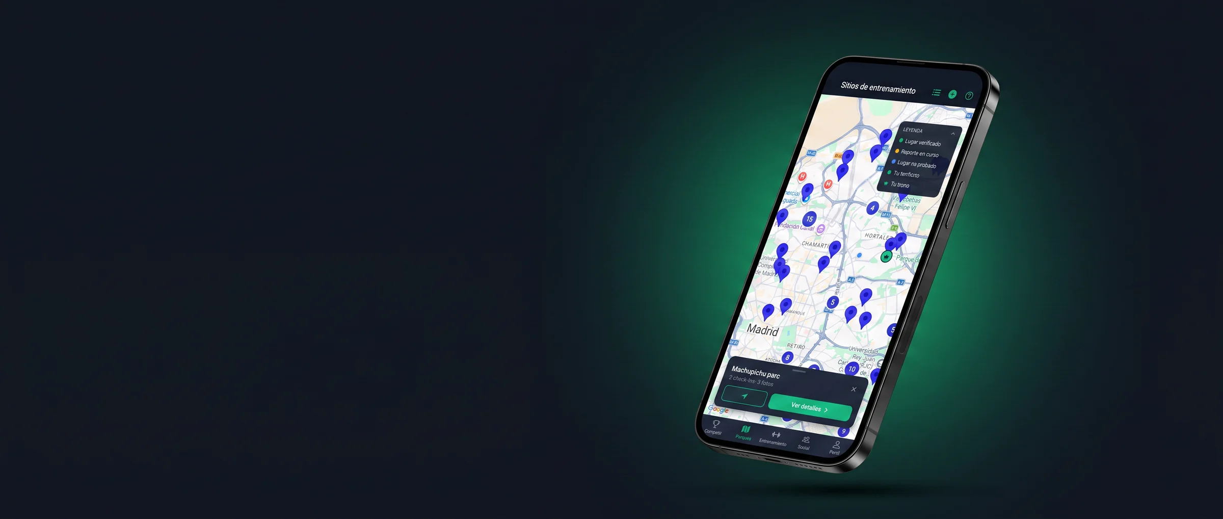 Onbars map screen showing thousands of street workout parks in Madrid